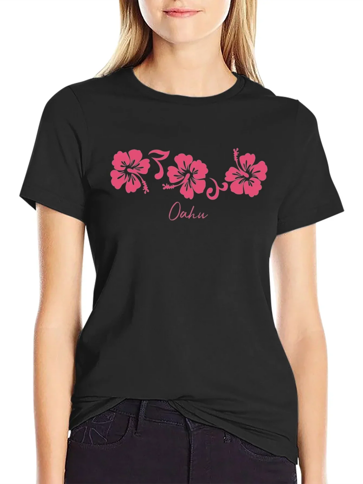 Oahu Pink Hibiscus Flower Graphic Black T-Shirt