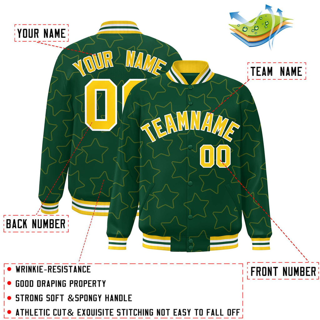 Custom Green Gold Varsity Full-Snap Star Pattern Letterman Baseball Jacket
