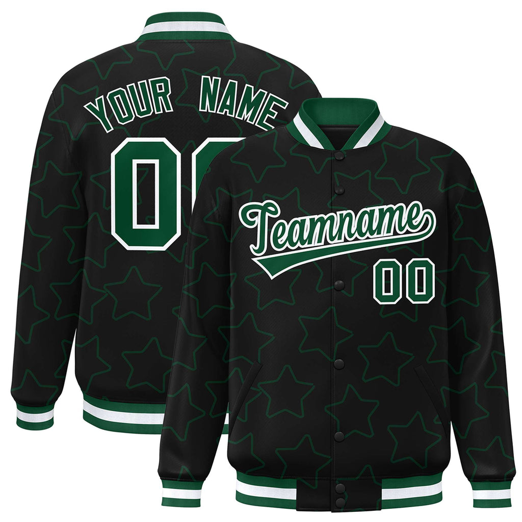 Custom Black Green Varsity Full-Snap Star Pattern Letterman Baseball Jacket