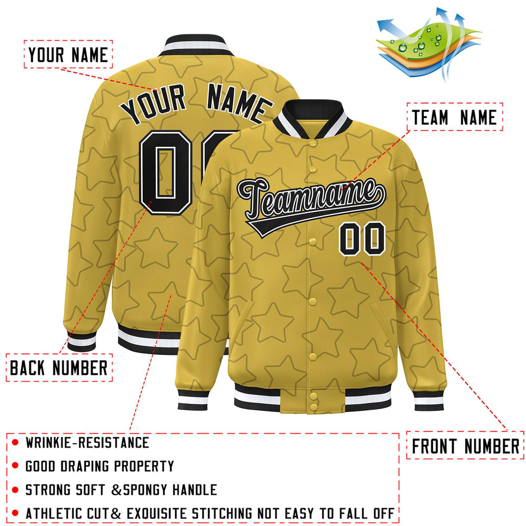Custom Old Gold Black Varsity Full-Snap Star Pattern Letterman Baseball Jacket