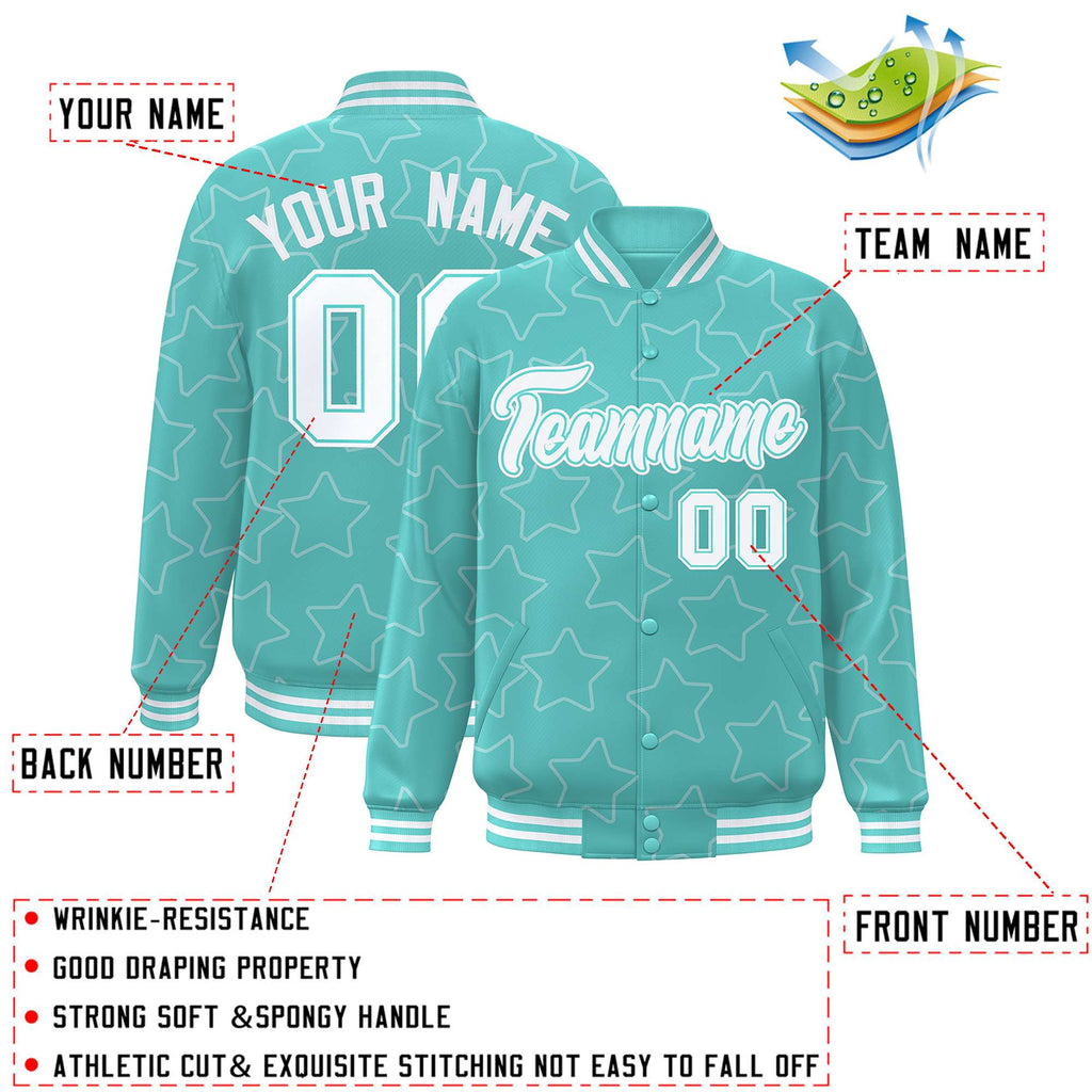 Custom Bright Green White Varsity Full-Snap Star Pattern Letterman Baseball Jacket