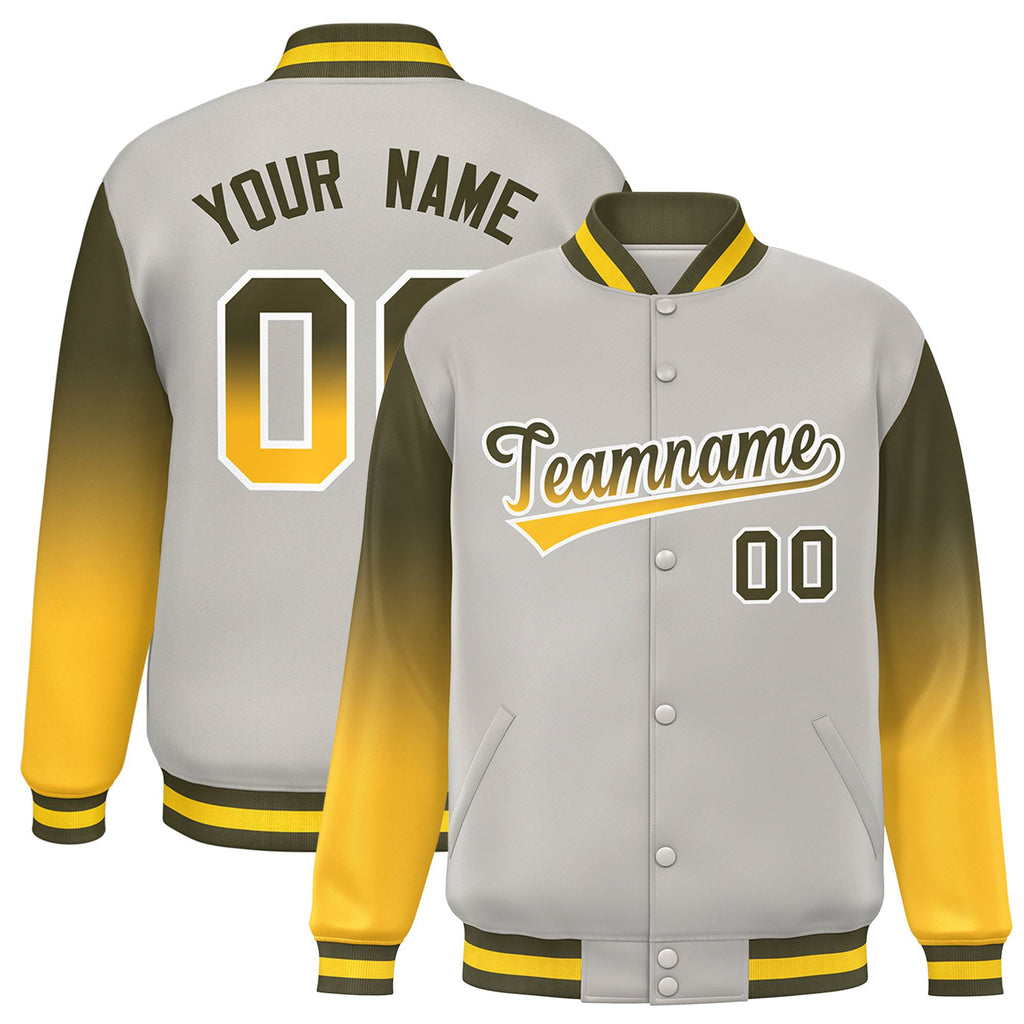 Custom Gray Olive-Gold Gradient Varsity Full-Snap Raglan Sleeves Baseball Jacket