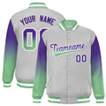 Custom Gray Purple-Green Gradient Varsity Full-Snap Raglan Sleeves Baseball Jacket