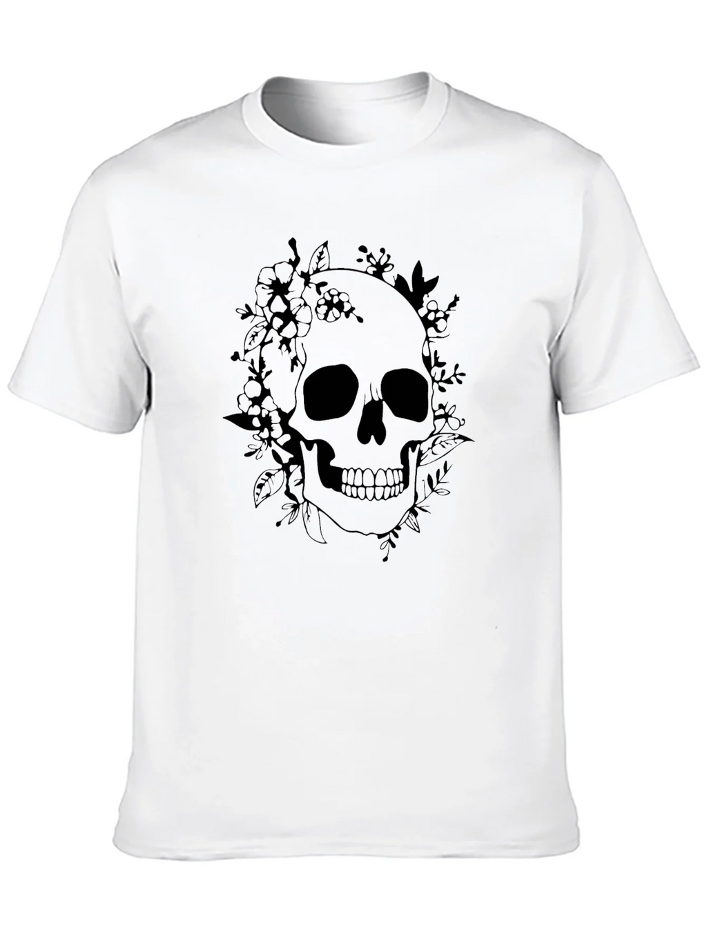 Floral Skull Graphic Tee - Black Cotton T-Shirt