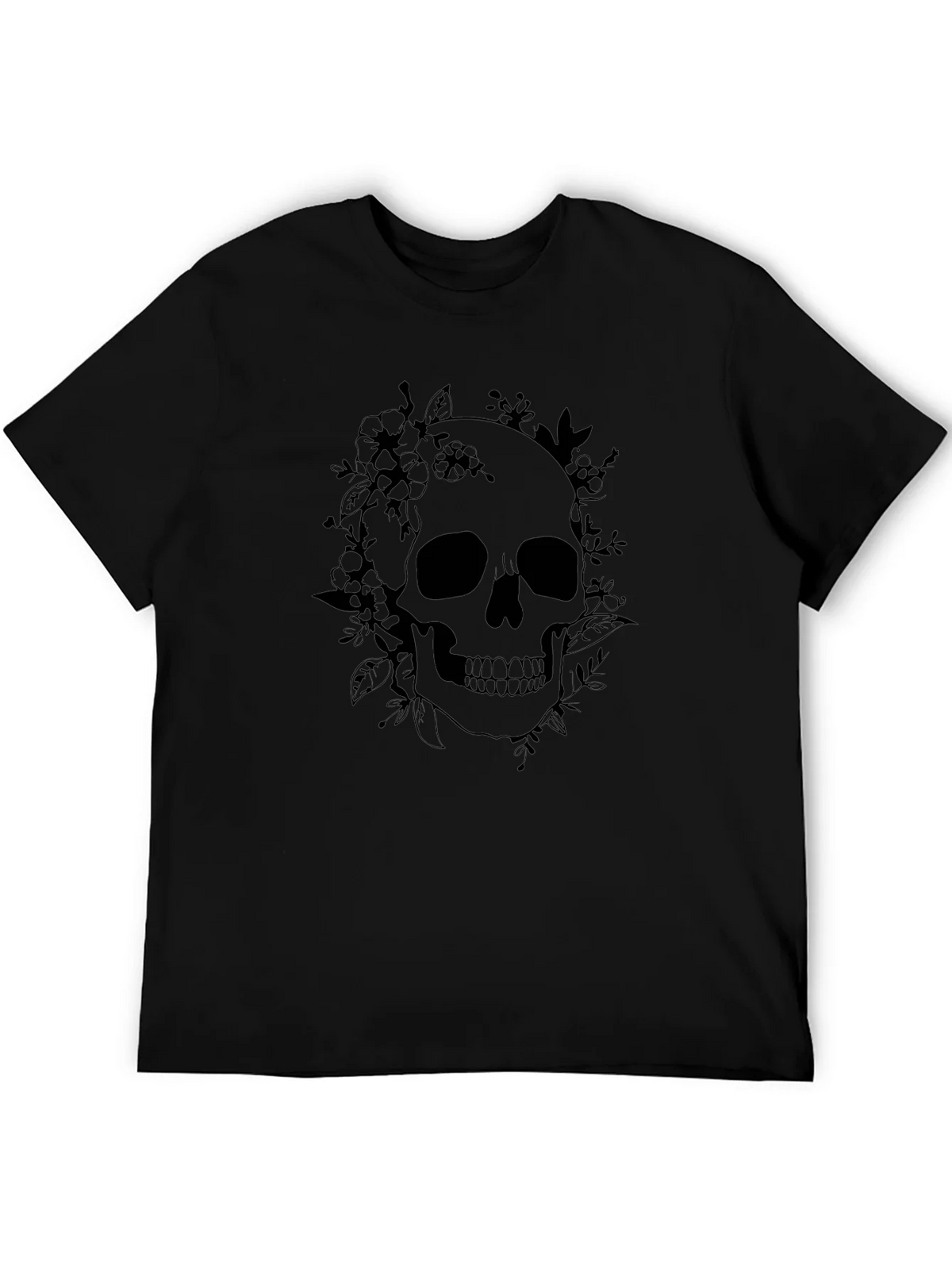 Floral Skull Graphic Tee - Black Cotton T-Shirt